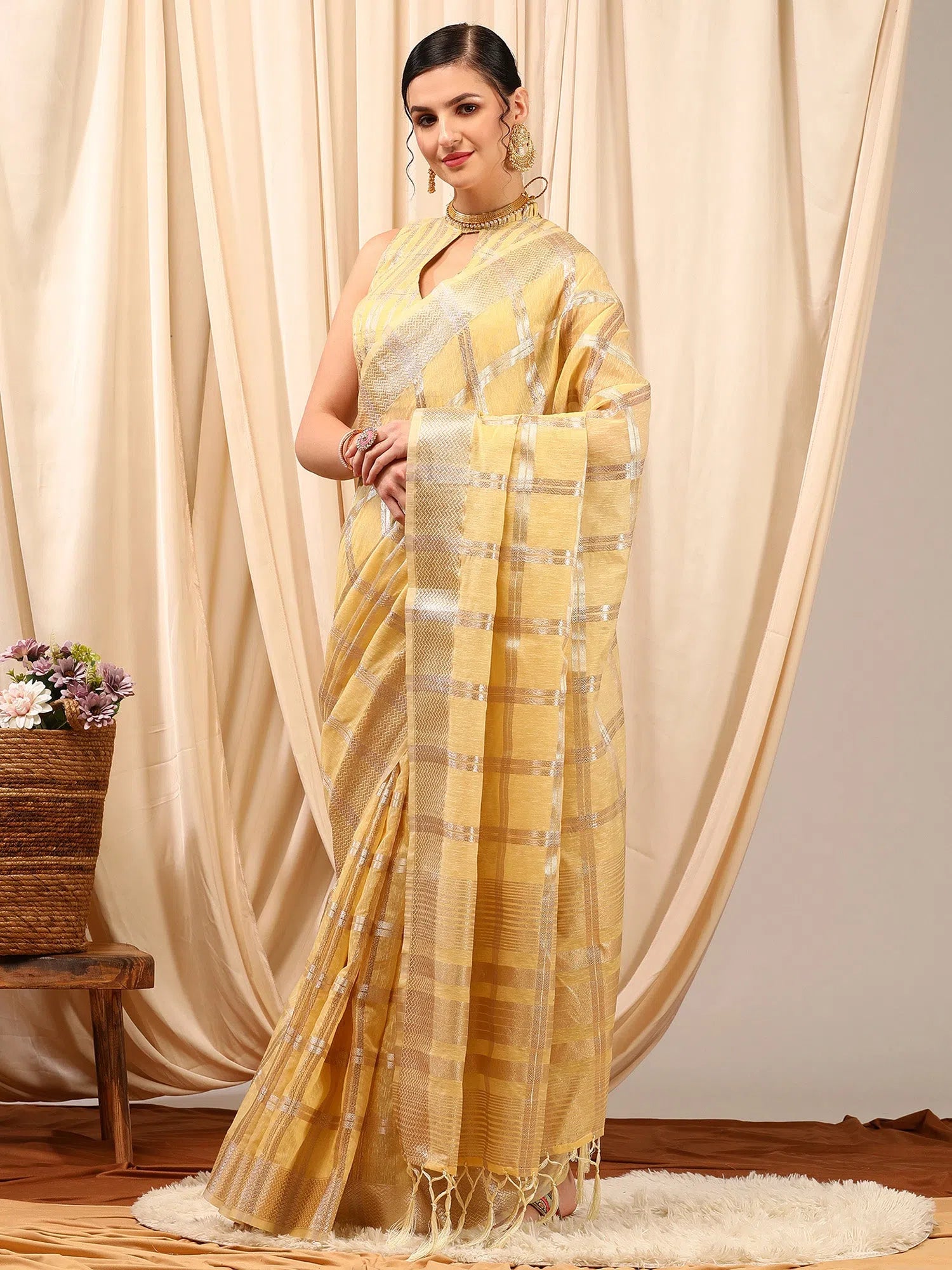 Saree Mall Women's Linen Cream Woven Design Designer Saree With Blouse Piece-LINOMA06F Business Casual Blouse