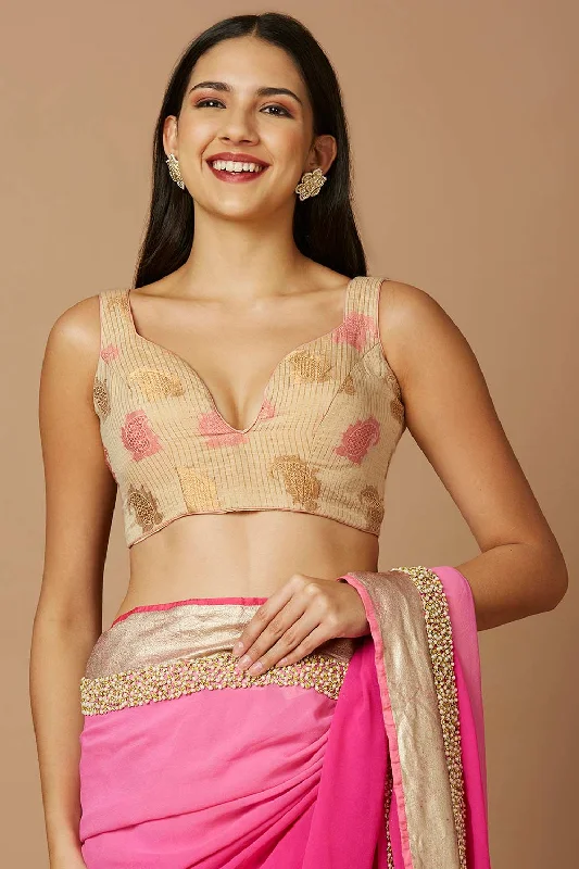 Beige Brocade Sleeveless Padded Blouse Chic Off-Shoulder Blouse