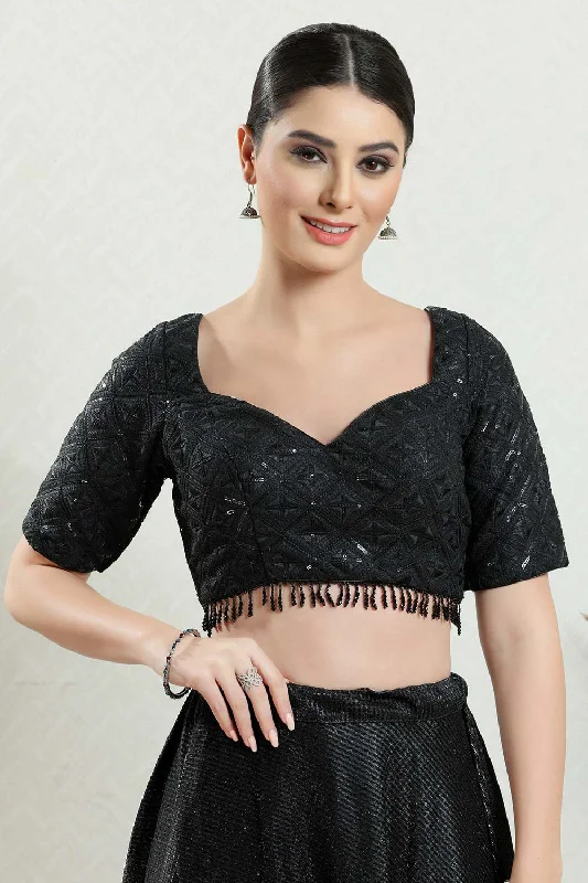 Black Silk Embroidered Short Sleeves Blouse Embroidered Floral Blouse