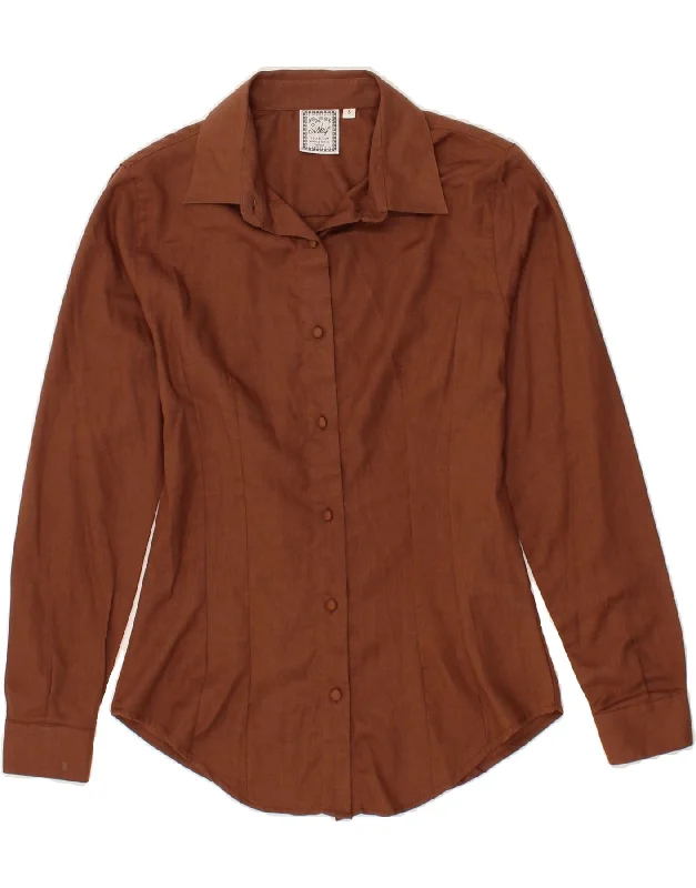 VINTAGE Womens Shirt UK 10 Small Brown Polyester-- Denim Fabric Leather Fabric Suede Fabric