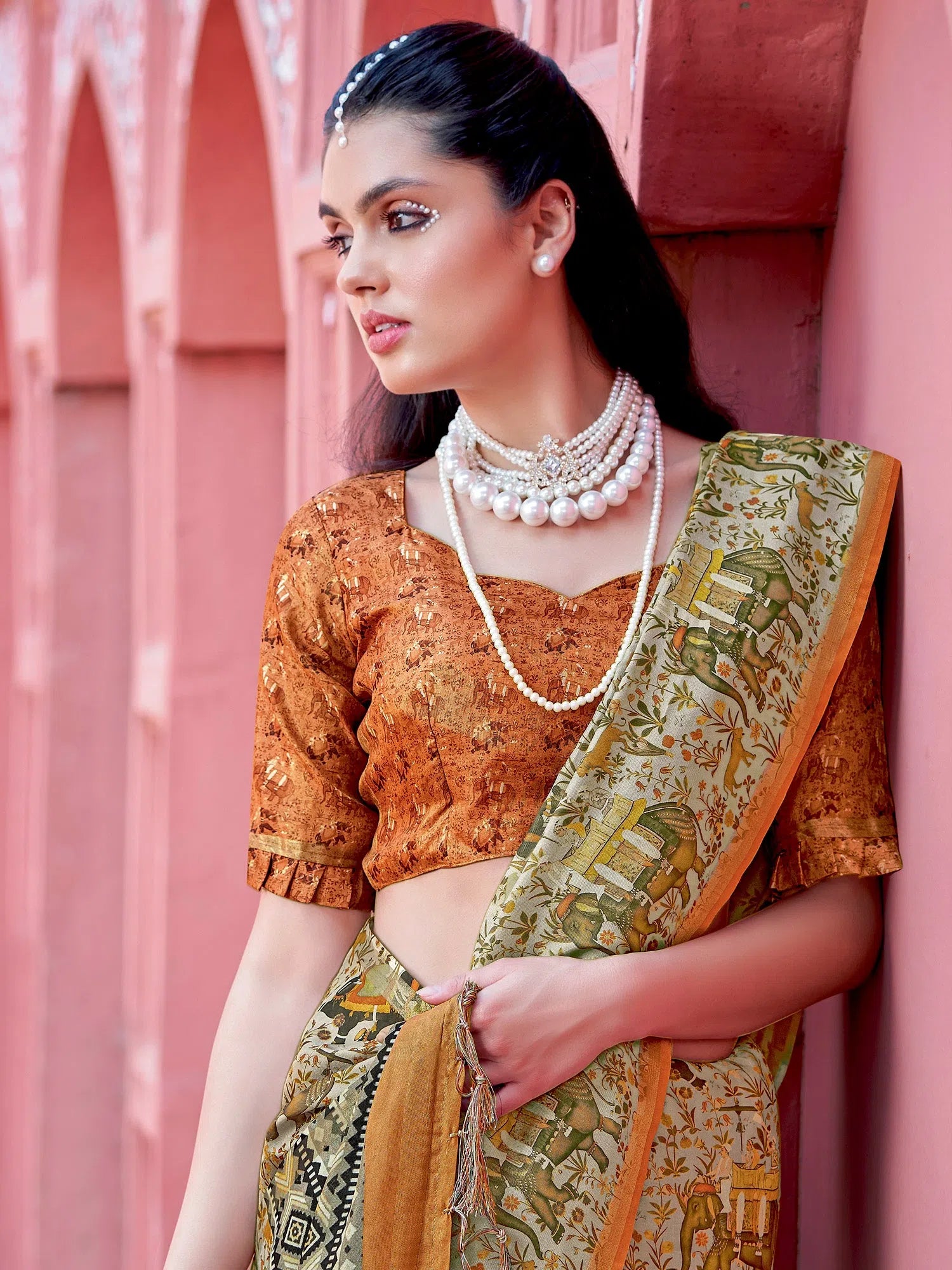 Saree Mall Women's Banarasi  Beige Printed Designer Saree With Blouse Piece-GRUHAM207 Chic Ruffle Blouse