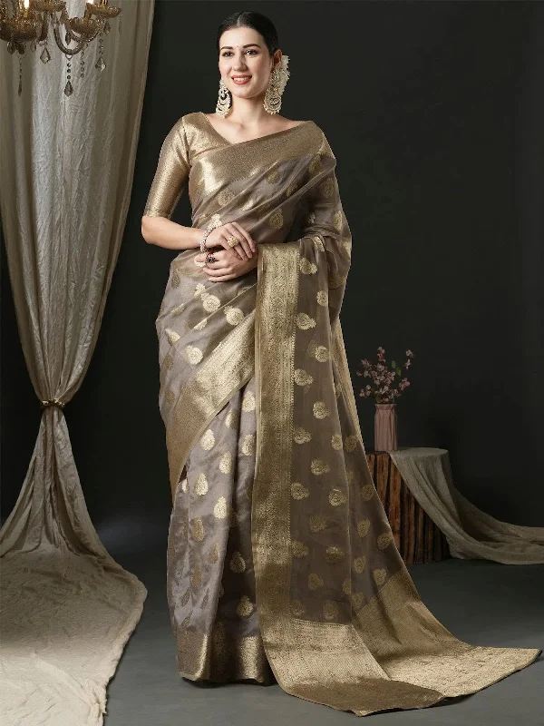 Saree Mall Women's Organza Grey Woven Design Designer Saree With Blouse Piece-UNATI3002 Backless Summer Blouse