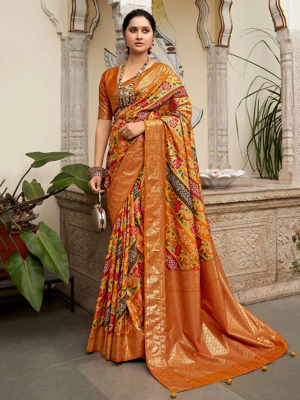 Saree Mall Women's Tussar  Mustard Printed Designer Saree With Blouse Piece-ZARIBNRSI1003 Off-Shoulder Wrap Blouse