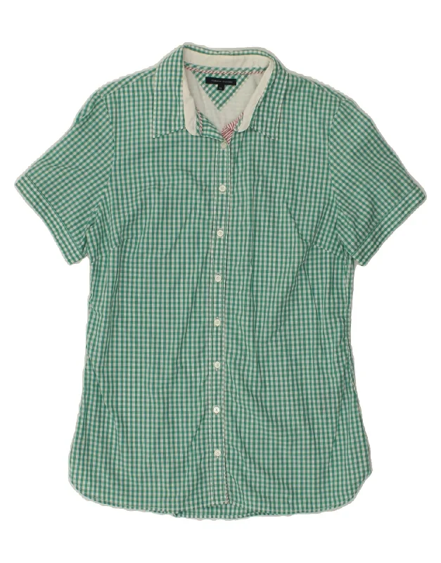 TOMMY HILFIGER Womens Short Sleeve Shirt US 12 Large Green Gingham Cotton-- Sequined Glittery Shiny