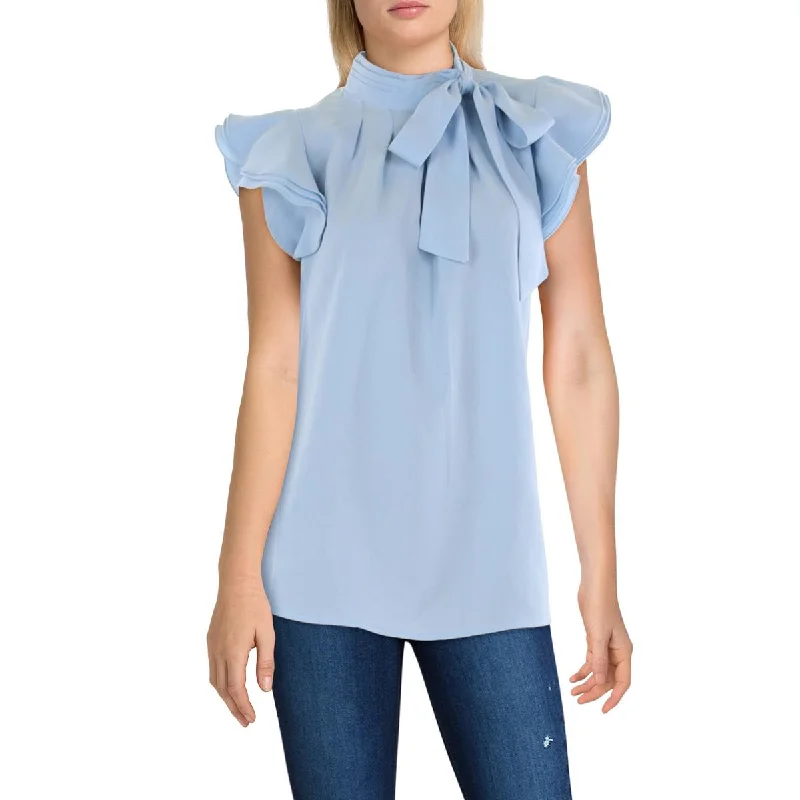 Womens Mock Neck Ruffle Sleeve Blouse Sleeveless Summer Blouse