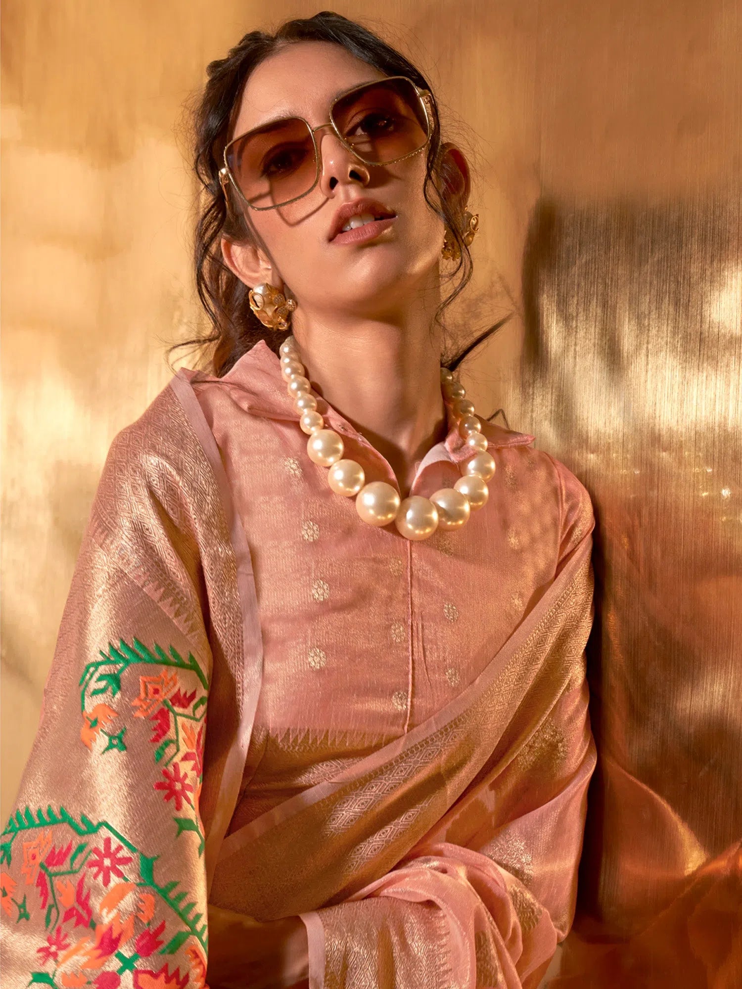 Saree Mall Women's Tissue Peach Woven Design Designer Saree With Blouse Piece-KORRA370001 Chic Square Blouse