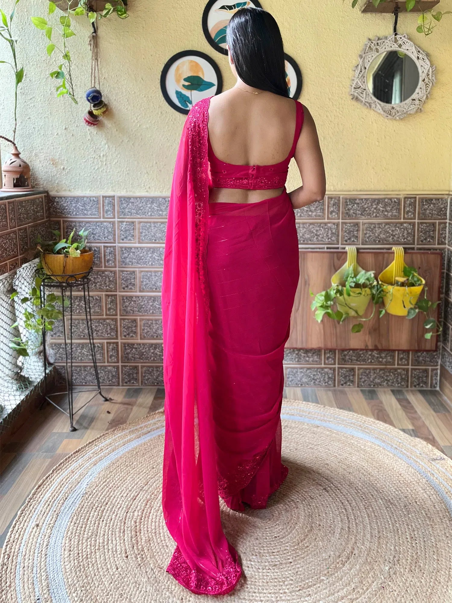Saree Mall Women's Georgette Pink Embroidered Designer Saree With Blouse Piece-KESARI4104 Balloon Sleeve Blouse