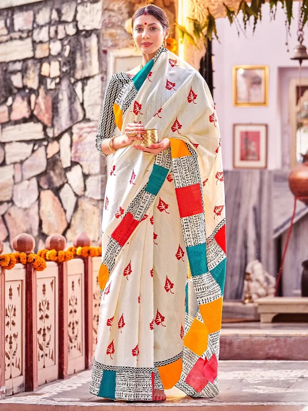 Saree Mall Women's Bhagalpuri  Cream Printed Designer Saree With Blouse Piece-30WOM30901 Gathered Detail Blouse