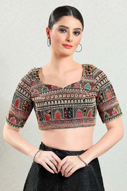 Multicolor Brocade Embroidered Short Sleeves Blouse Puff Sleeve Blouse