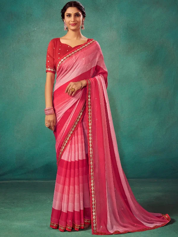 Saree Mall Women's Chiffon Pink Embellished Designer Saree With Blouse Piece-SHIVIKA2004 Puff Sleeve Blouse