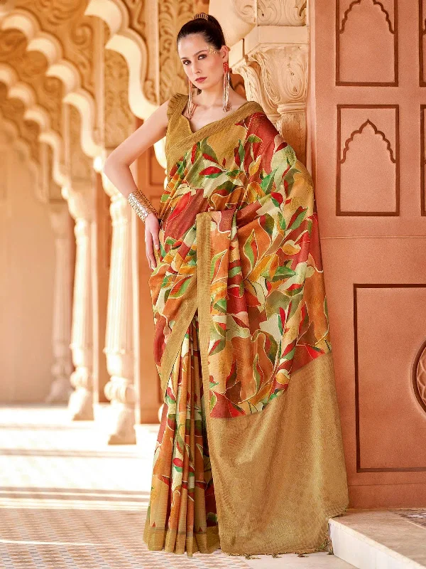 Saree Mall Women's Cotton Blend Rust Printed Designer Saree With Blouse Piece-NITRA205 Cotton Casual Blouse