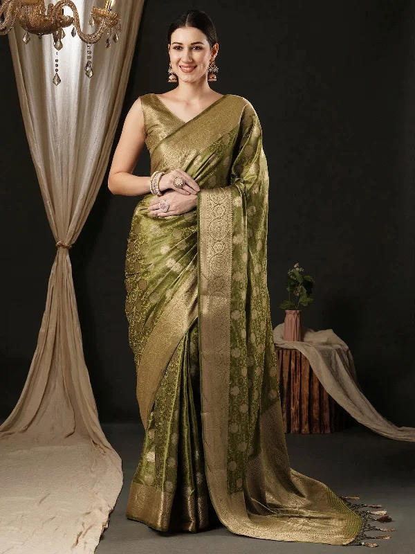 Saree Mall Women's Satin  Olive Woven Design Designer Saree With Blouse Piece-AQRIUS01B Casual Button Blouse