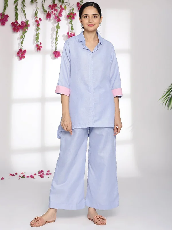 PowderBlue CottonSlub ShirtTop & Palazzo-- Solid Print Embellished