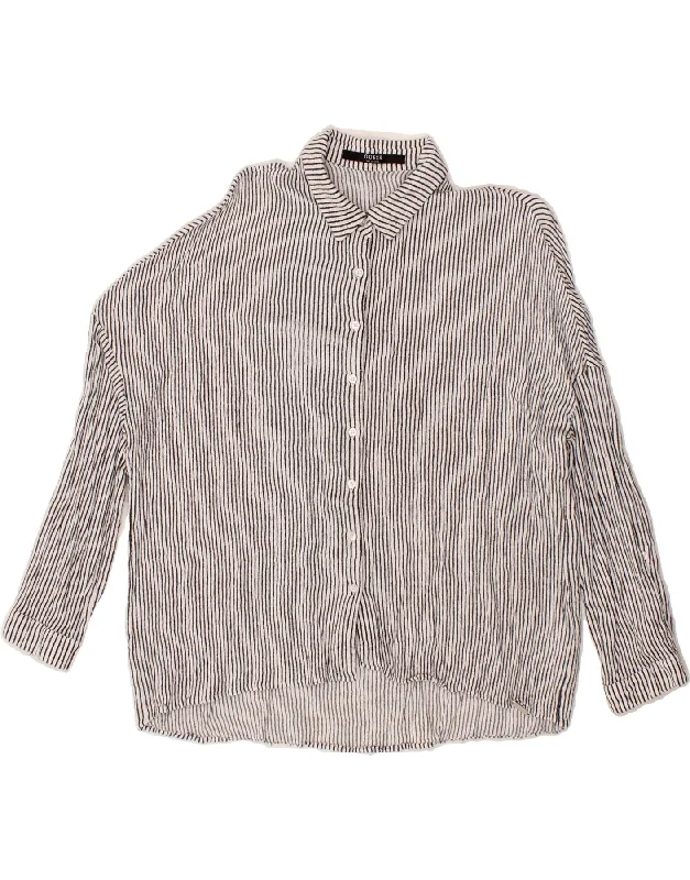 GUESS Womens Oversized Shirt UK 10 Small Grey Striped Viscose-- Satin Blend Silk Blend Wool Blend