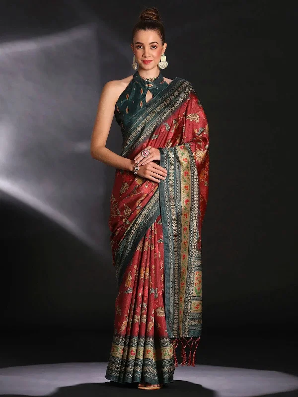 Saree Mall Women's Cotton Blend Maroon Printed Designer Saree With Blouse Piece-KOZI201 Bell Sleeve Blouse