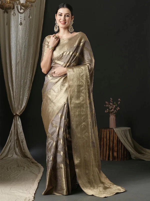 Saree Mall Women's Organza Grey Woven Design Designer Saree With Blouse Piece-UNATI1002 Lightweight Linen Blouse