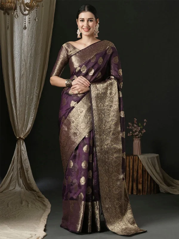 Saree Mall Women's Organza Purple Woven Design Designer Saree With Blouse Piece-UNATI2003 Casual Relaxed Blouse