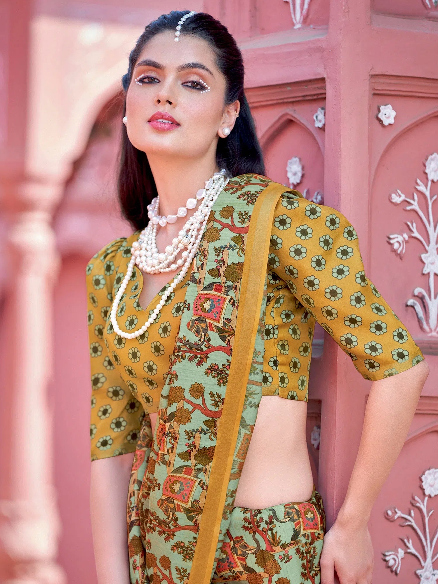 Saree Mall Women's Banarasi  Sea Green Printed Designer Saree With Blouse Piece-GRUHAM202 Boho Chic Blouse