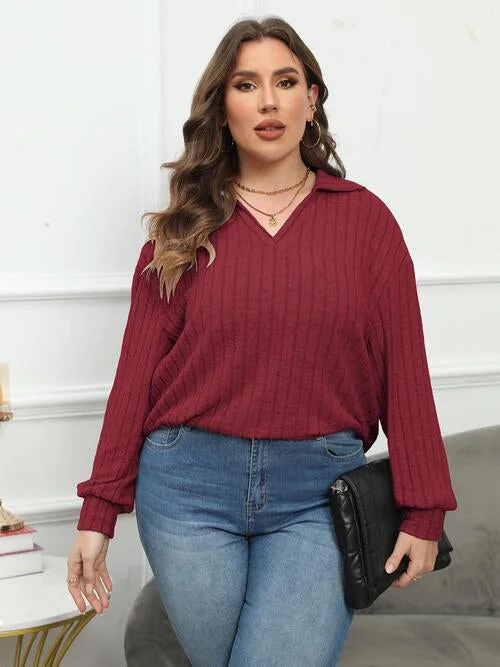Plus Size Ribbed Collared Neck Long Sleeve Blouse Smart Casual Blouse