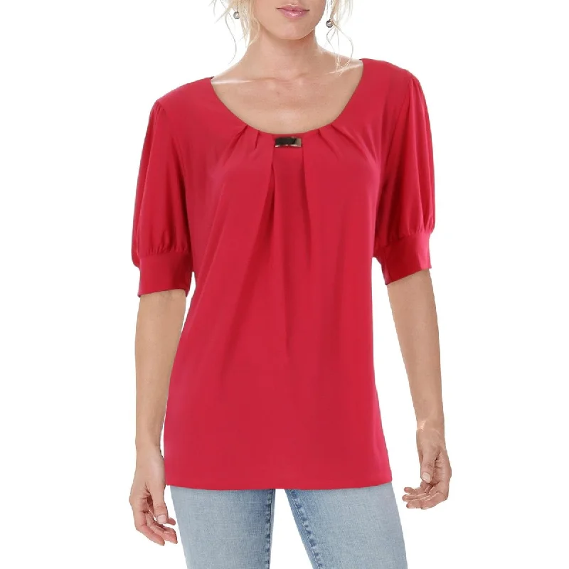 Womens Pleated Short Sleeve Blouse Chic Square Blouse