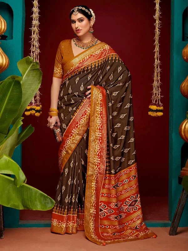 Saree Mall Women's Tussar  Brown Printed Designer Saree With Blouse Piece-SMBLPURI1004 Satin Bow Blouse