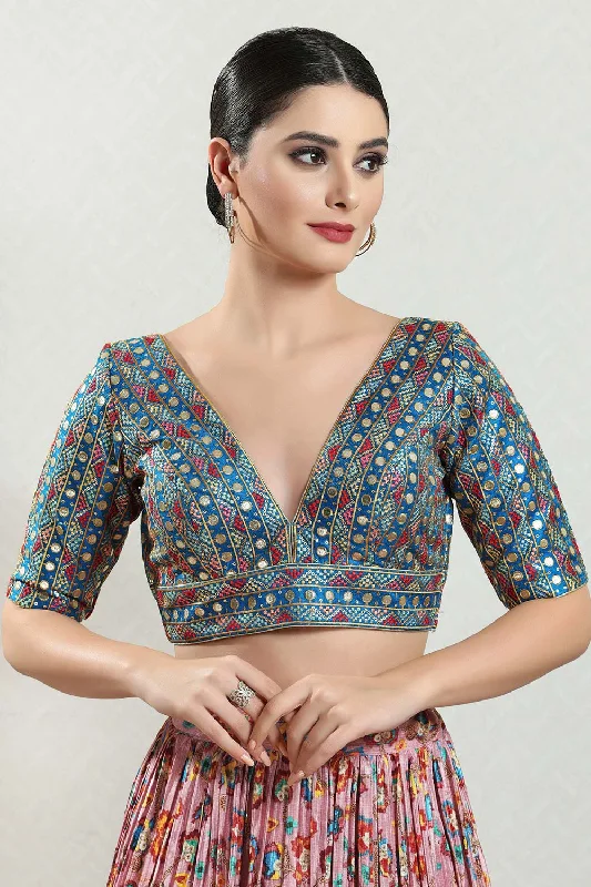 Blue Silk Embroidered Short Sleeves Blouse Elegant Embroidery Blouse