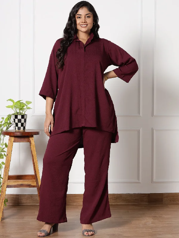 Burgundy Textured ShirtTop & WaistbandPalazzo-- Modern Contemporary Chic