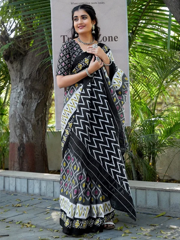 Saree Mall Women's Cotton Grey Printed Designer Saree With Blouse Piece-MINAXI3602 Ruffled Neck Blouse