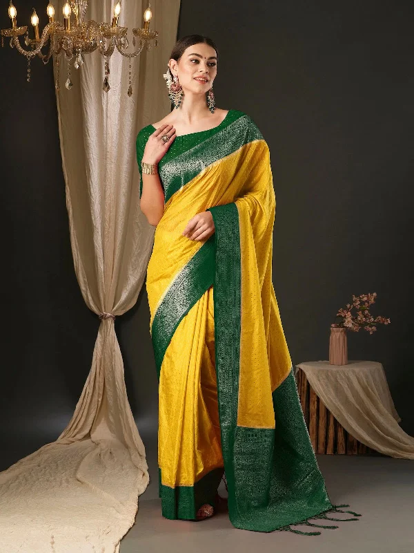 Saree Mall Women's  Blend Yellow Woven Design Designer Saree With Blouse Piece-YARYA309 Frilled Cuff Blouse