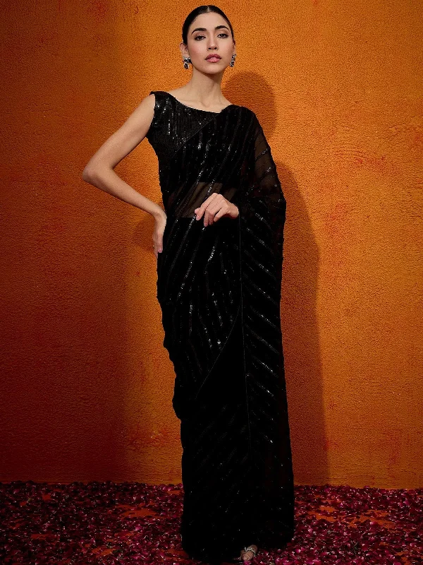 Saree Mall Women's Georgette Black Embellished Designer Saree With Blouse Piece-BDANCE1001 Feminine Ruffle Blouse