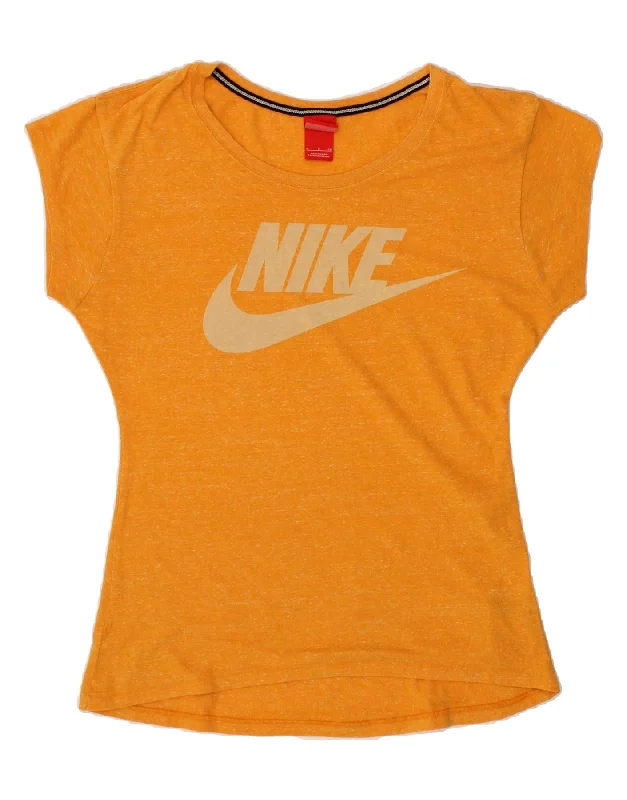 NIKE Womens Oversized Graphic T-Shirt Top UK 10 Small Yellow Flecked-- Collared Crew Neck Turtle Neck