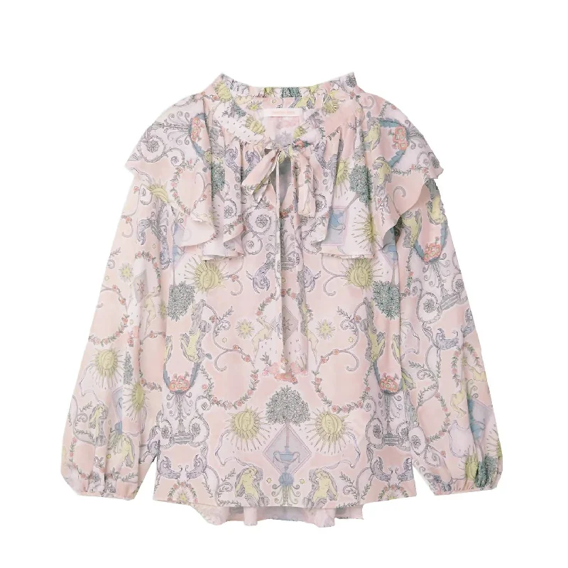 Women Pussy-Bow Ruffled Printed Crepe De Chine Top Blouse In Multi Frilled Cuff Blouse