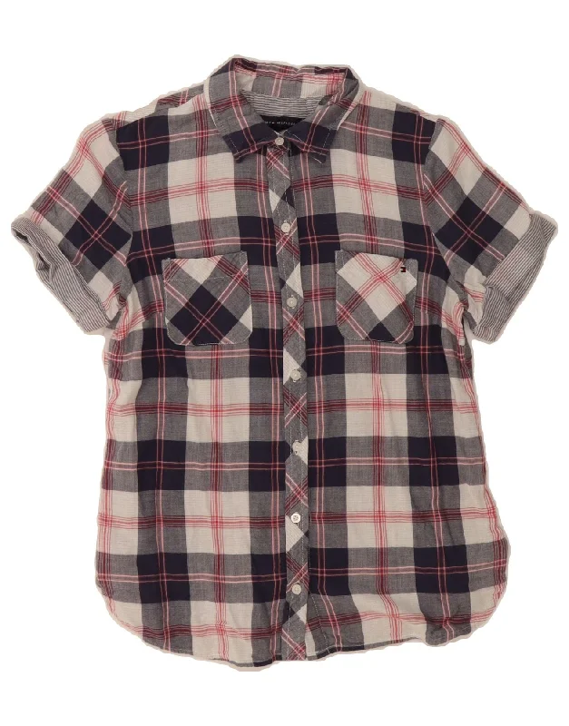 TOMMY HILFIGER Womens Short Sleeve Shirt UK 6 XS Navy Blue Check Cotton-- Ribbed T-Shirt High Neck Heavyweight