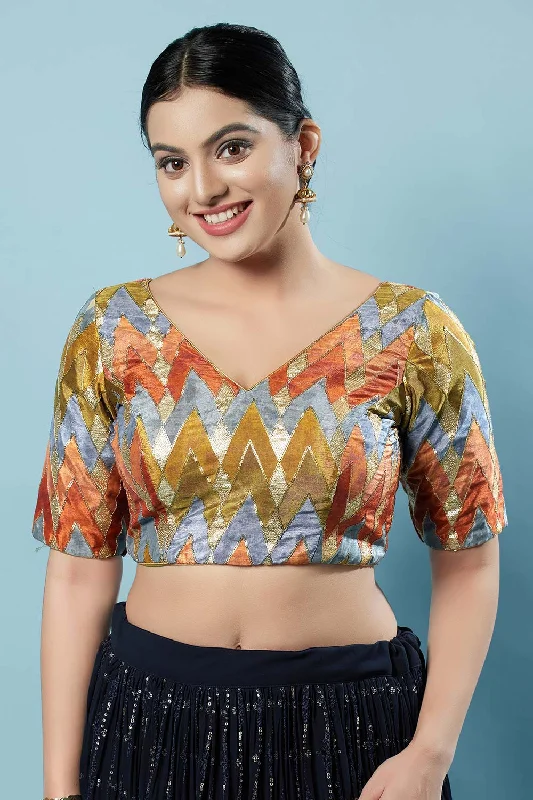 Multicolor Silk Embellished Short Sleeves Blouse Stylish Wrap Blouse
