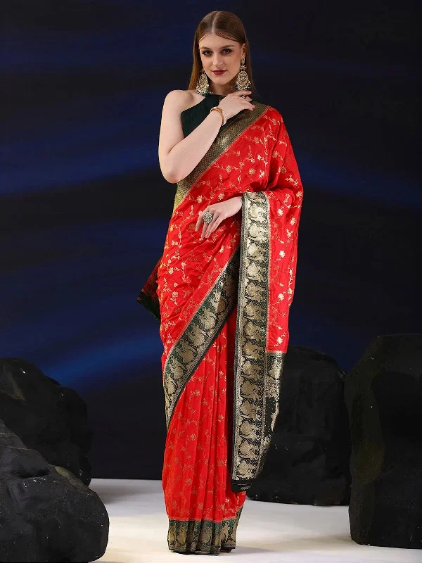 Saree Mall Women's  Blend Red Woven Design Designer Saree With Blouse Piece-SGITRIUS03F Chic Ruffle Blouse
