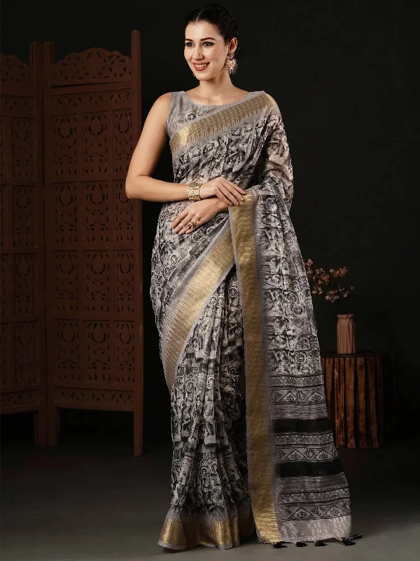 Saree Mall Women's Organza Grey Printed Designer Saree With Blouse Piece-SALILA139 Chic Wrap Blouse