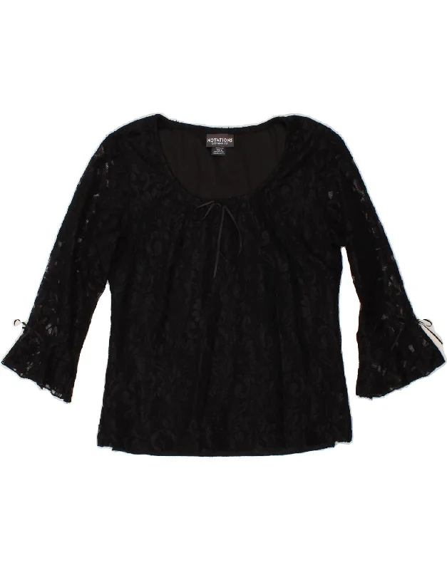 VINTAGE Womens Long Sleeve Blouse Top UK 10 Small Black Floral Nylon Ruffled Neck Blouse