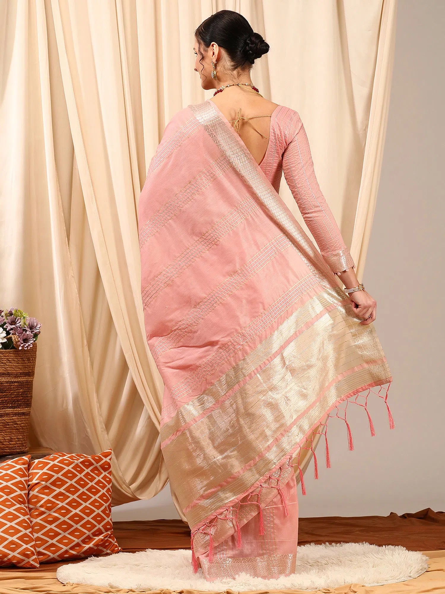 Saree Mall Women's Linen Pink Woven Design Designer Saree With Blouse Piece-LINOMA05C Soft Satin Blouse