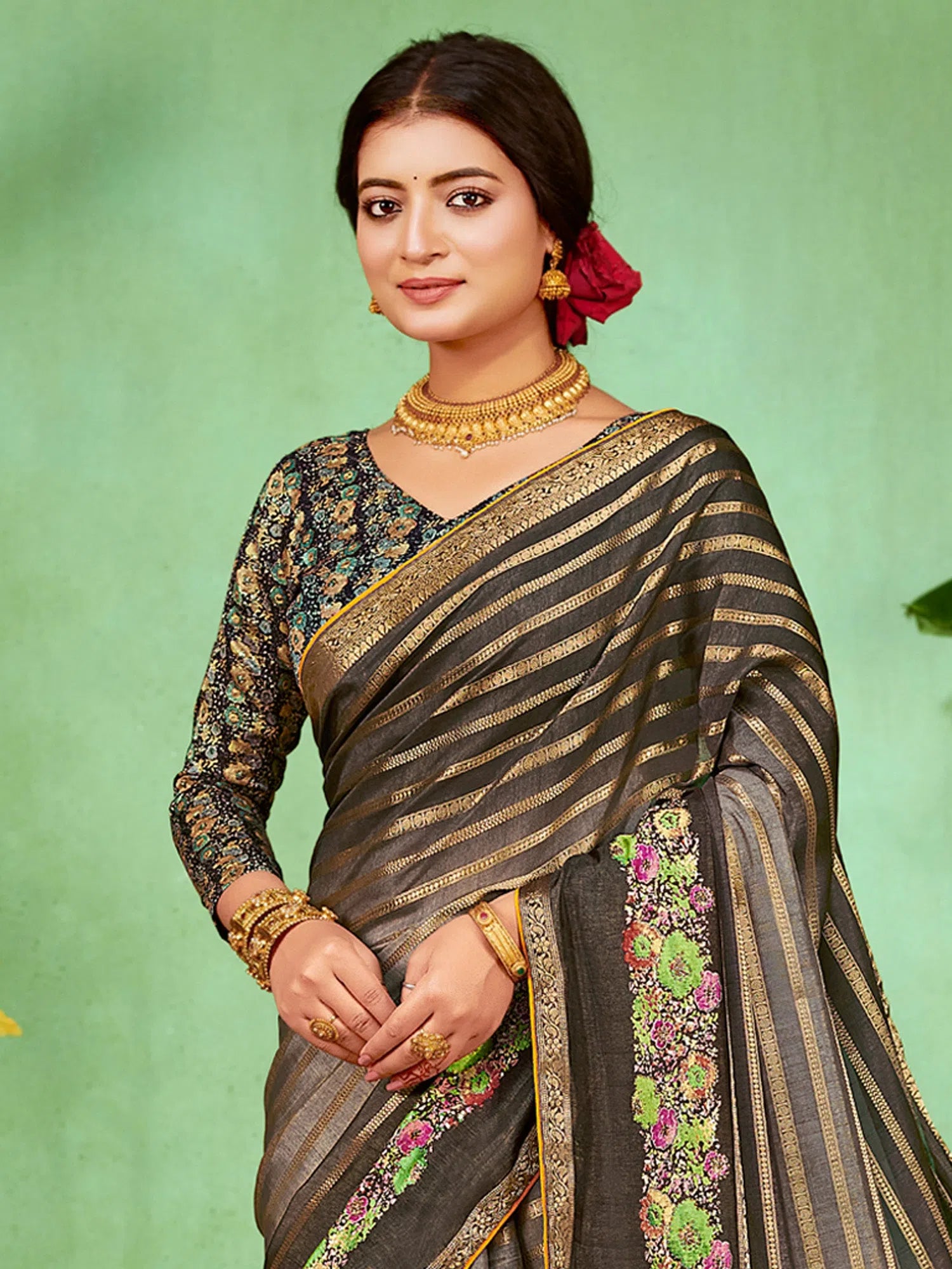 Saree Mall Women's Soft  Grey Embellished Designer Saree With Blouse Piece-HBUTAI40129 Sheer Mesh Blouse