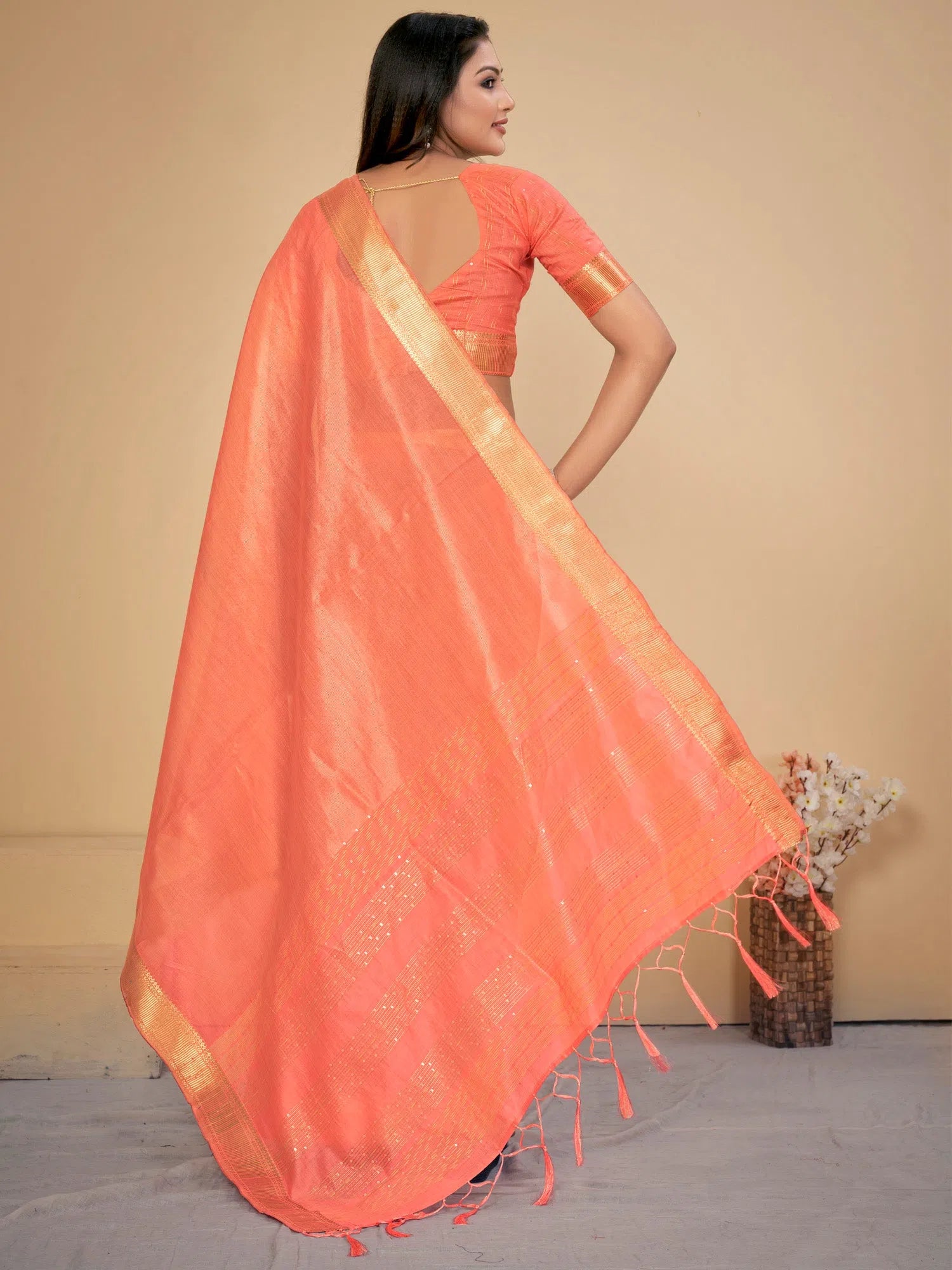 Saree Mall Women's Cotton  Peach Embellished Designer Saree With Blouse Piece-LINOMA03E Loose Fit Blouse