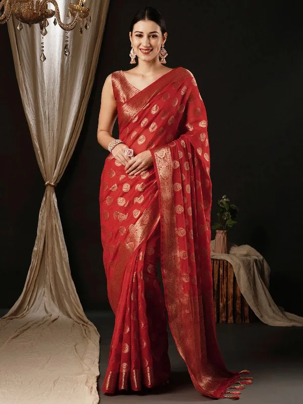 Saree Mall Women's Georgette Red Woven Design Designer Saree With Blouse Piece-ARIES11B Bell Sleeve Blouse
