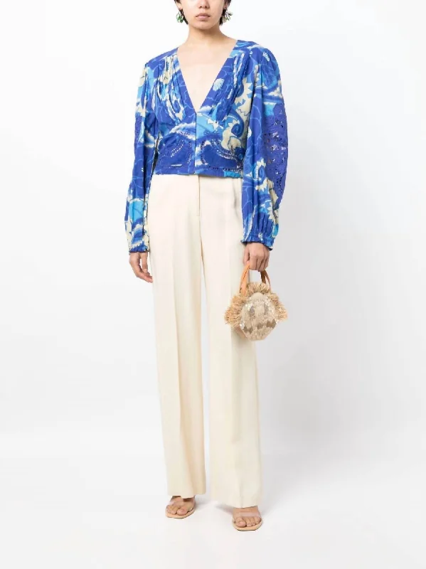 Tropical Groove Long Sleeves Blouse In Blue Delicate Pleat Blouse