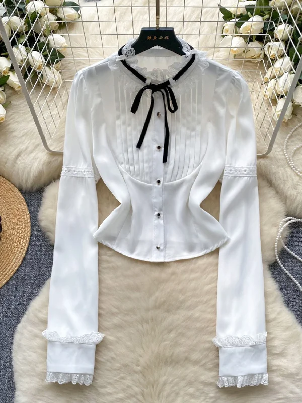 Elegant Lace Cuffs Button White Blouse Off-Shoulder Wrap Blouse