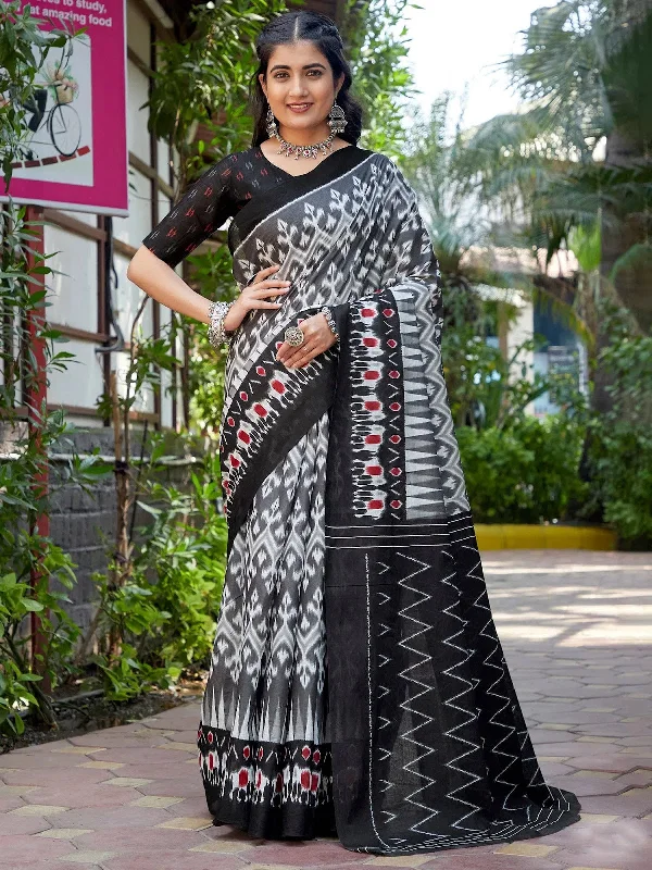 Saree Mall Women's Cotton Charcoal Grey Printed Designer Saree With Blouse Piece-MINAXI3401 Loose Fit Blouse