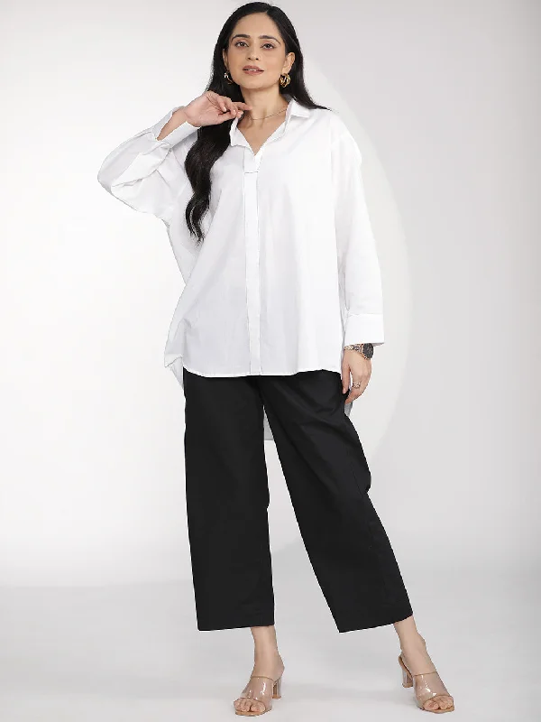 White Poplin OversizedShirt & Black Flared Palazzo-- Rayon Velvet Corduroy