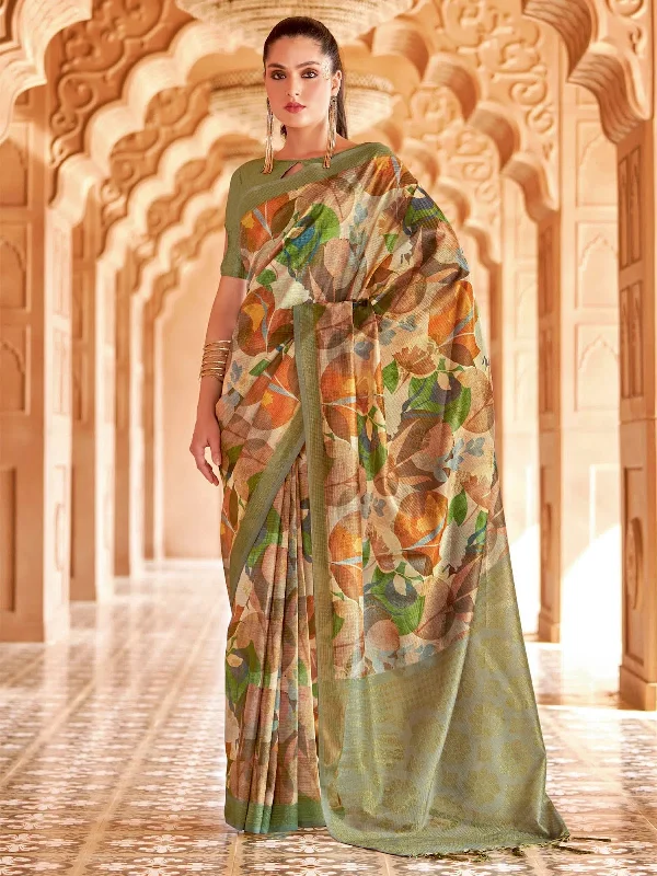 Saree Mall Women's Cotton Blend Beige Printed Designer Saree With Blouse Piece-NITRA206 Elegant Office Blouse