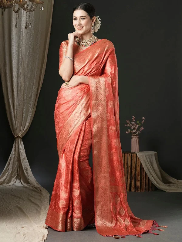 Saree Mall Women's Satin  Peach Woven Design Designer Saree With Blouse Piece-AQRIUS03A Office-Ready Blouse