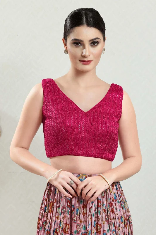 Pink Brocade Embroidered Sleeveless Blouse Relaxed Fit Blouse