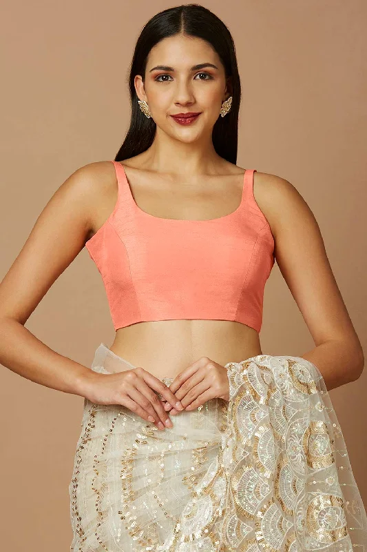 Orange Silk Sleeveless Padded Blouse Sweetheart Neck Blouse