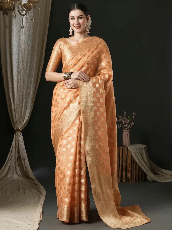 Saree Mall Women's Organza Peach Woven Design Designer Saree With Blouse Piece-UNATI4002 Double-Layered Blouse